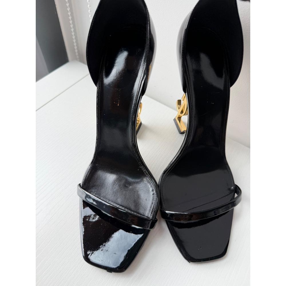 Saint Laurent Opyum Black Patent Leather YSL Gold Monogram Heel Sandals Size 38 - Picture 10 of 12